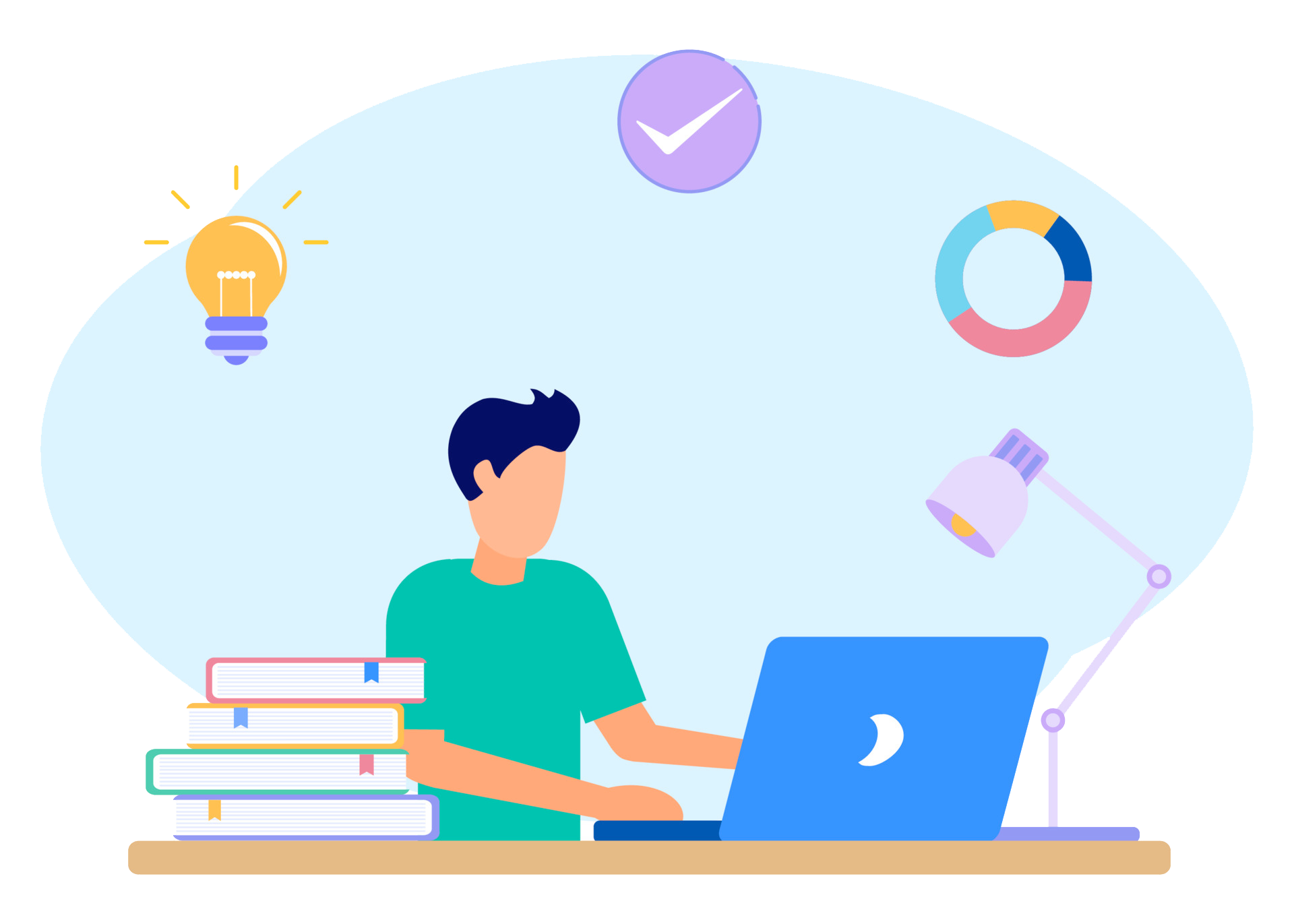 Cartoon illustration of a man sitting a a computer studying