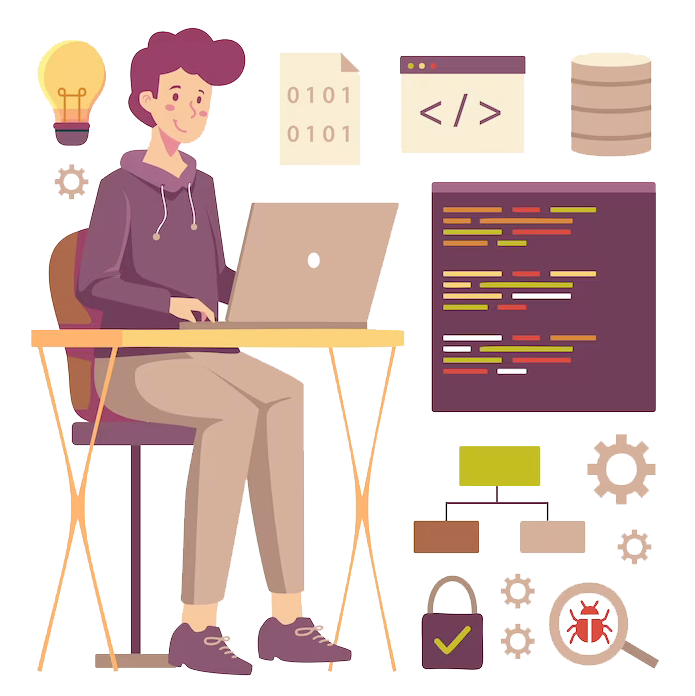 Cartoon illustration of a man sitting a a computer learning